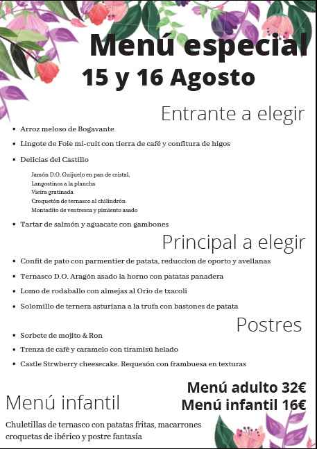 Menu 15-16 Agosto-2021 en Castillo Bonavía